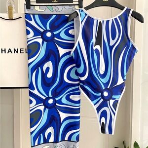 Emilio Pucci Blue and White Swirl One Piece Swimsuit